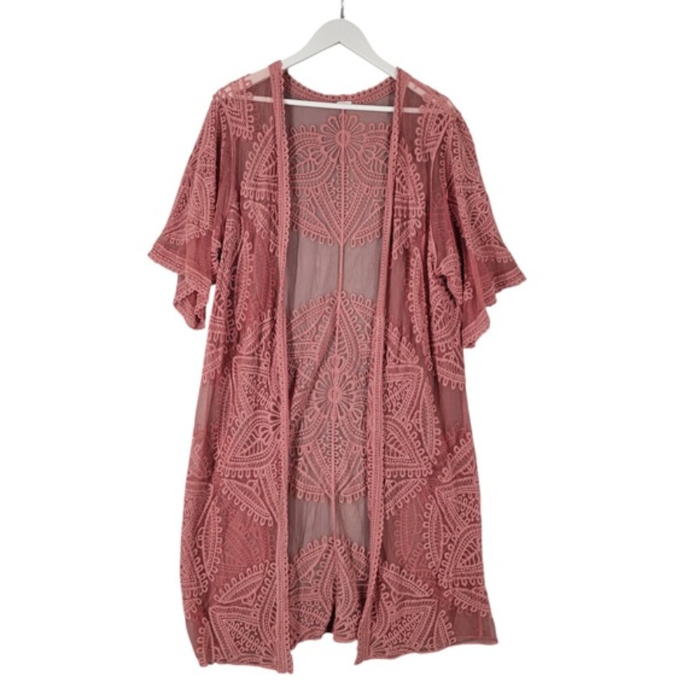 Crochet‎ Lace Kimono Women Large Pink Good Mesh Longline Cardigan Boho romantic